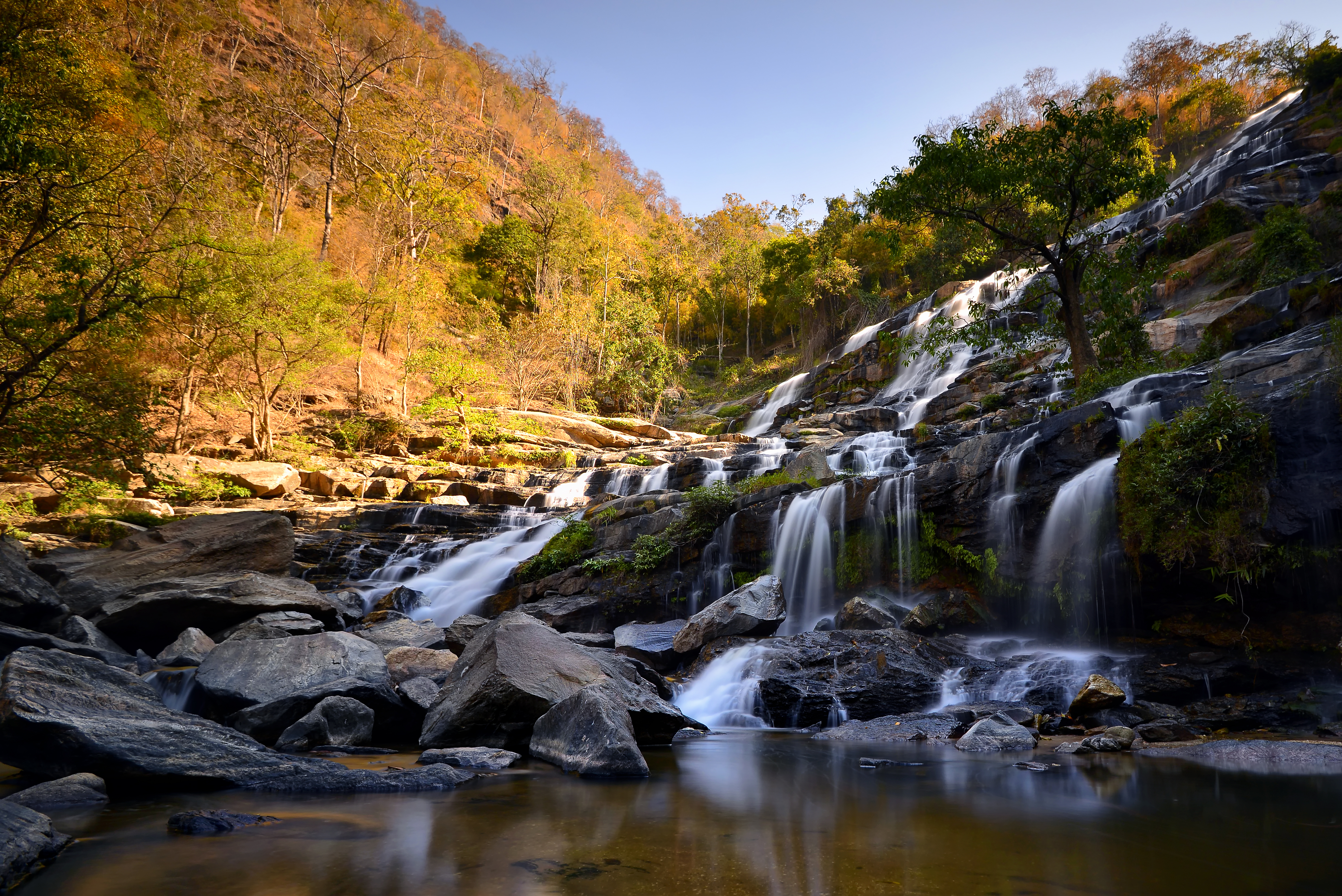 Autumn landscape , Waterfall in deep forest chiang mai Thailand .