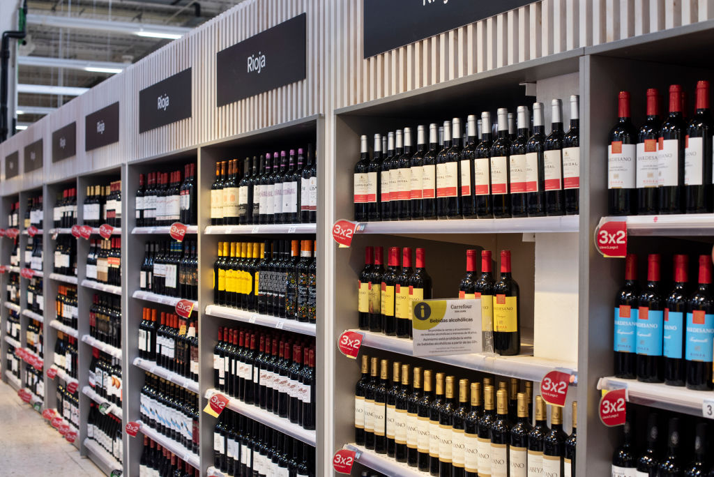 Bottles of Spanish Rioja red wine displayed for sale at the...