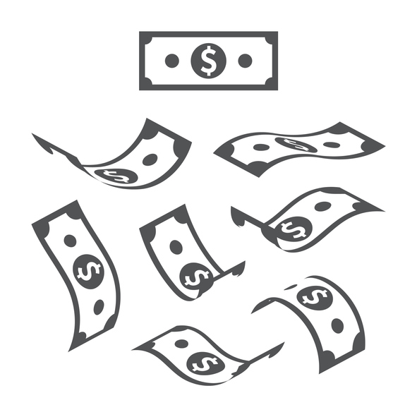 Falling American USD Dollar Bills in Various Positions Isolated on White Background