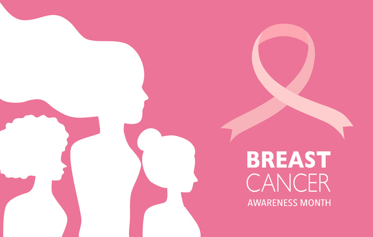 Breast cancer awareness month banner concept. Silhouette women with pink ribbon symbol in flat design vector.