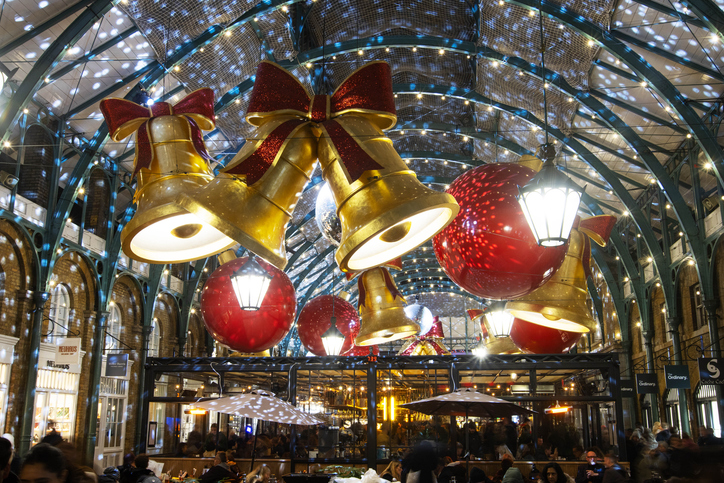 Christmas decorations illuminated in Covent Garden
